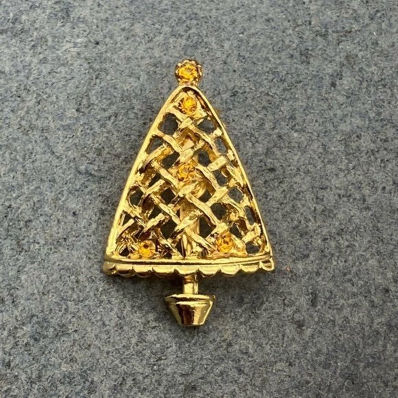 Christmas Pin Brooch Tree Gold Amber Rhinestone Woven Open Weave Vintage Retro - Picture 2 of 7